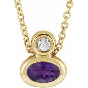 14K Yellow Gold 5x3 mm Oval Natural Amethyst & .03 CT Natural Diamond 16-18" Necklace