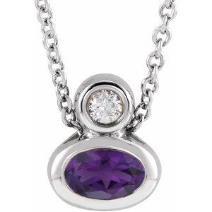 Platinum 5x3 mm Oval Natural Amethyst & .03 CT Natural Diamond 16-18" Necklace