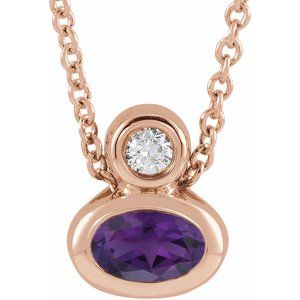 14K Rose Gold 5x3 mm Oval Natural Amethyst & .03 CT Natural Diamond 16-18" Necklace