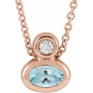14K Rose Gold 5x3 mm Oval Natural Aquamarine & .03 CT Natural Diamond 16-18" Necklace