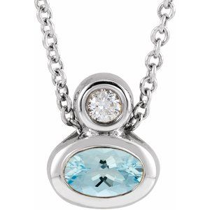 Platinum 5x3 mm Oval Natural Aquamarine & .03 CT Natural Diamond 16-18" Necklace