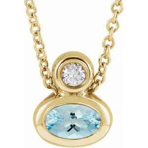 14K Yellow Gold 5x3 mm Oval Aquamarine & .03 CT  Natural Diamond 16-18" Necklace