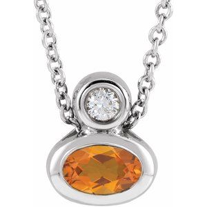 Platinum 5x3 mm Oval Natural Citrine & .03 CT Natural Diamond 16-18" Necklace