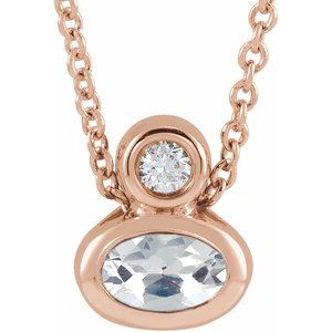 14K Rose Gold 5x3 mm Oval Natural White Sapphire & .03 CT Natural Diamond 16-18" Necklace