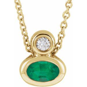 14K Yellow Gold 5x3 mm Oval Natural Emerald & .03 CT  Natural Diamond 16-18" Necklace