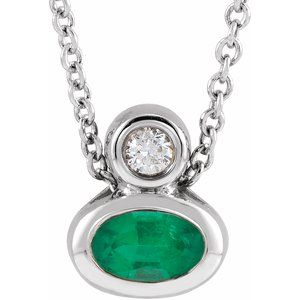 Platinum 5x3 mm Oval Natural Emerald & .03 CT Natural Diamond 16-18" Necklace