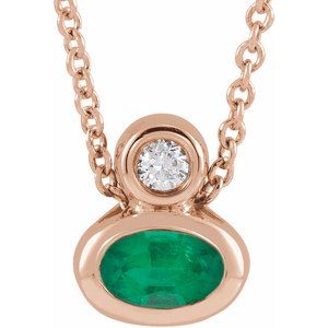 14K Rose Gold 5x3 mm Oval Natural Emerald & .03 CT Natural Diamond 16-18" Necklace