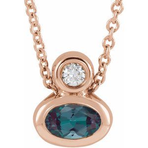 14K Rose Gold 5x3 mm Oval Lab-Grown Alexandrite & .03 CT Natural Diamond 16-18" Necklace