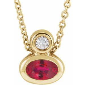 14K Yellow Gold 5x3 mm Oval Lab-Grown Ruby & .03 CT  Natural Diamond 16-18" Necklace