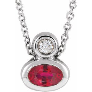Sterling Silver 5x3 mm Oval Natural Ruby & .03 CT Natural Diamond 16-18" Necklace