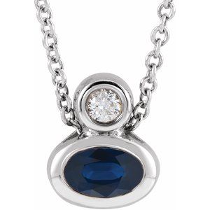 Platinum 5x3 mm Oval Lab-Grown Blue Sapphire & .03 CT Natural Diamond 16-18" Necklace