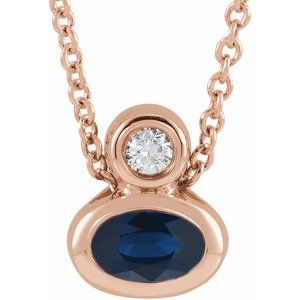 14K Rose Gold 5x3 mm Oval Natural Blue Sapphire & .03 CT Natural Diamond 16-18" Necklace