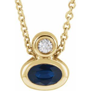 14K Yellow Gold 5x3 mm Oval Natural Blue Sapphire & .03 CT  Natural Diamond 16-18" Necklace