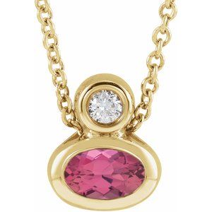 14K Yellow Gold 5x3 mm Oval Natural Pink Tourmaline & .03 CT Natural Diamond 16-18" Necklace