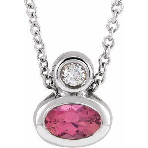14K White Gold 5x3 mm Oval Natural Pink Tourmaline & .03 CT Natural Diamond 16-18" Necklace