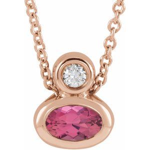 14K Rose Gold 5x3 mm Oval Natural Pink Tourmaline & .03 CT Natural Diamond 16-18" Necklace