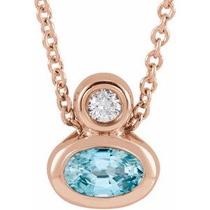 14K Rose Gold 5x3 mm Oval Natural Blue Zircon & .03 CT Natural Diamond 16-18" Necklace