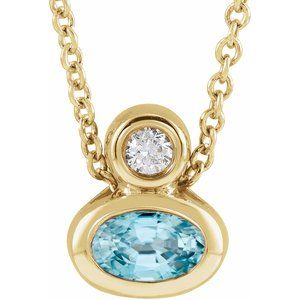 14K Yellow Gold 5x3 mm Oval Natural Blue Zircon & .03 CT Natural Diamond 16-18" Necklace