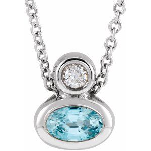Sterling Silver 5x3 mm Oval Natural Blue Zircon & .03 CT Natural Diamond 16-18" Necklace