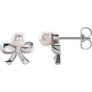 Sterling Silver Cultured White Akoya Pearl Bow Earrings