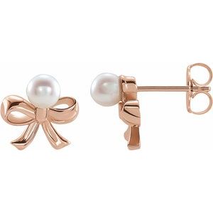 14K Rose Gold Cultured White Akoya Pearl Bow Earrings
