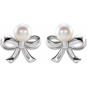 Platinum Cultured White Akoya Pearl Bow Earrings