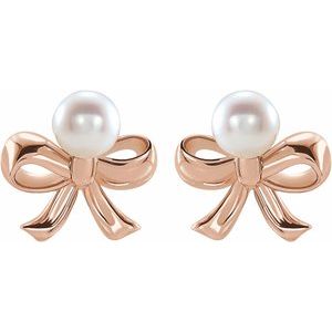 14K Rose Gold Cultured White Akoya Pearl Bow Earrings