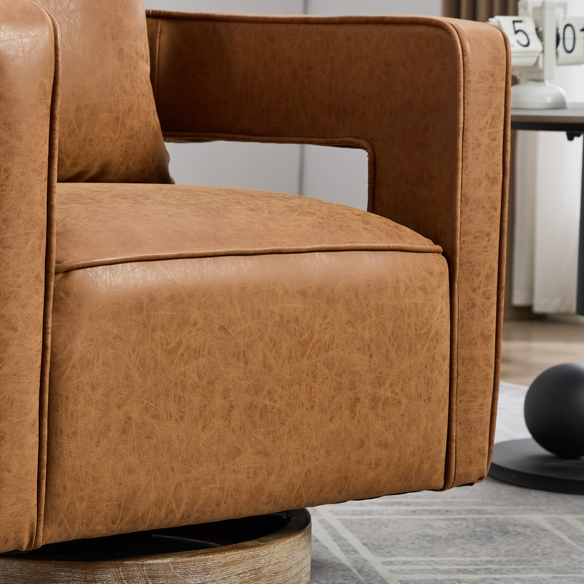 29.1'W Swivel Accent Open Back Barrel Chair Modern Comfy Sofa Chair With Weathered Base For Nursery Bedroom Living Room Hotel Office, Club Chair Leisure Arm Chair For Lounge (Brown,PU)