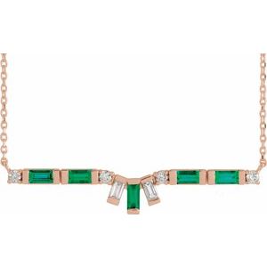 14K Rose Gold Natural Emerald & 1/5 CTW Natural Diamond Bar 18" Necklace
