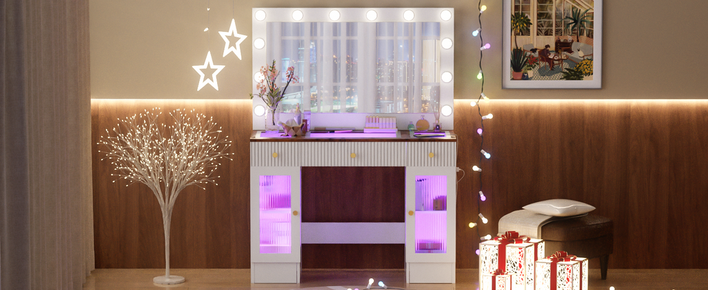 43.3' Vanity Desk with Large Mirror and Hollywood Bulbs, Modern Glass Top Makeup Vanity with Drawers and Power Outlet, Large Dressing Table with 3 Color Lighting Modes & RGB Cabinets for Bedroom