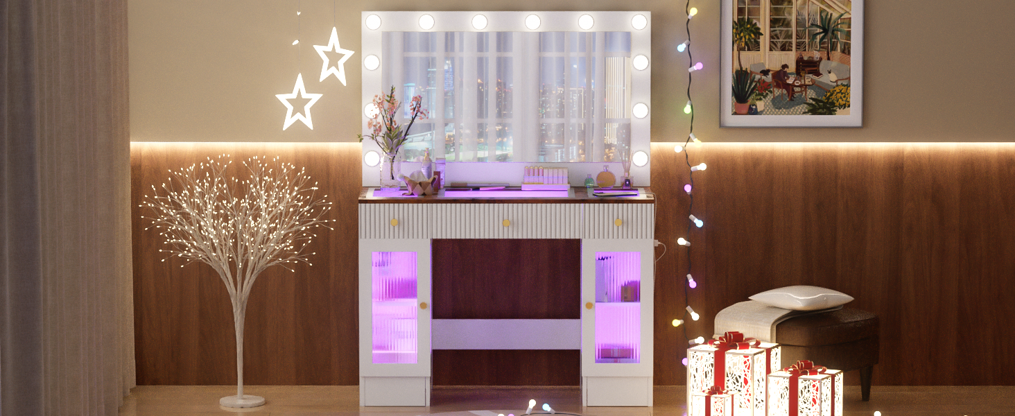43.3' Vanity Desk with Large Mirror and Hollywood Bulbs, Modern Glass Top Makeup Vanity with Drawers and Power Outlet, Large Dressing Table with 3 Color Lighting Modes & RGB Cabinets for Bedroom