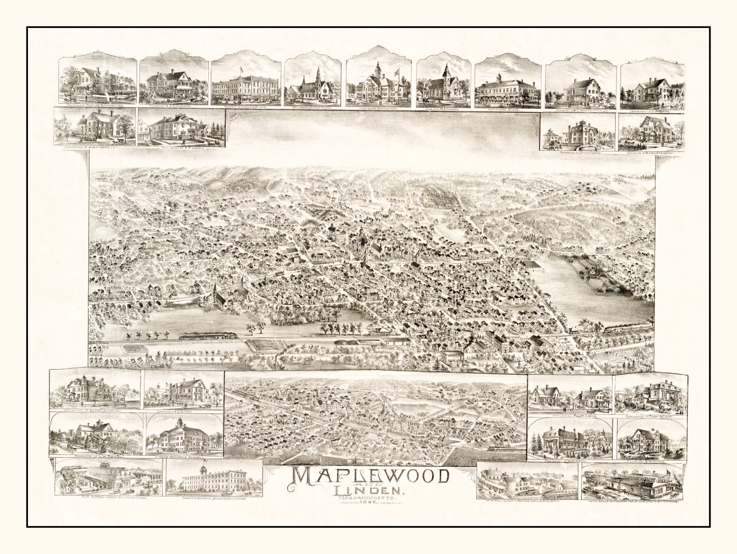 Vintage Map of Maplewood & Linden, MA 1879