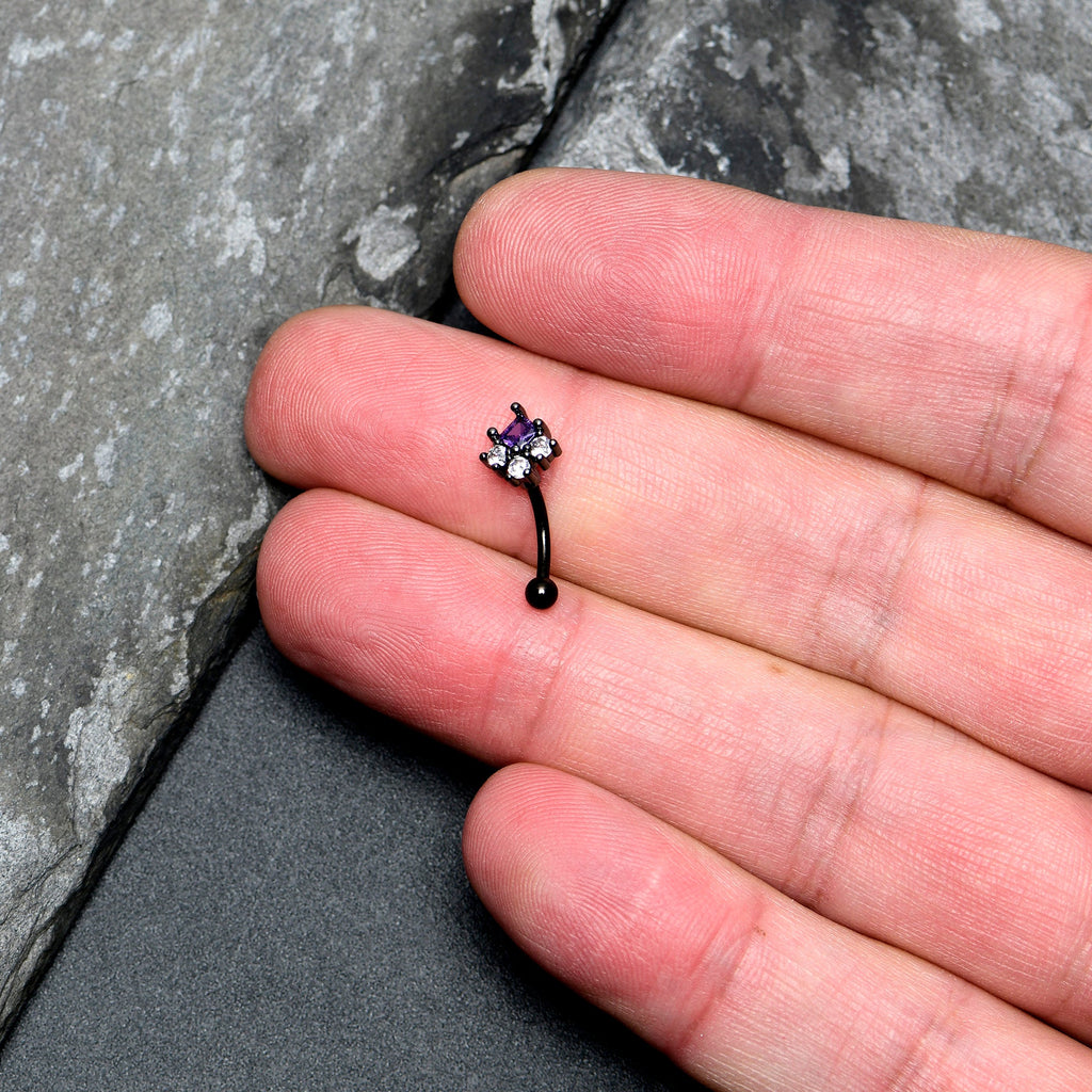 16G 5/15 Clear Purple CZ Gem Black Rhombus Riot Curved Eyebrow Ring