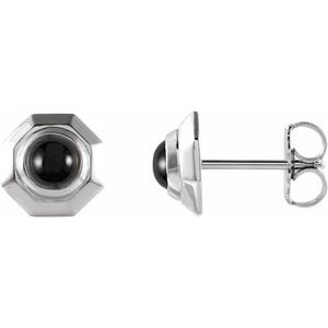 14K White Gold Natural Black Onyx Geometric Cabochon Earrings