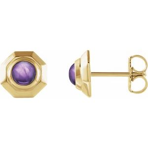 14K Yellow Gold Natural Amethyst Geometric Cabochon Earrings