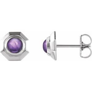Sterling Silver Natural Amethyst Geometric Cabochon Earrings