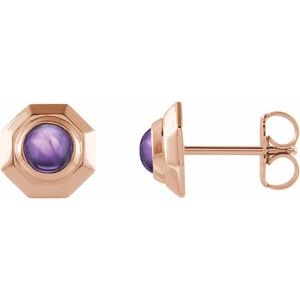 14K Rose Gold Natural Amethyst Geometric Cabochon Earrings