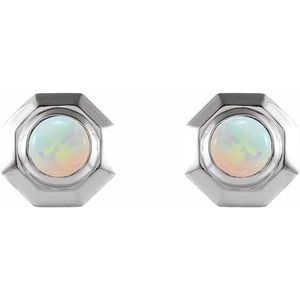 14K White Gold Natural White Opal Geometric Cabochon Earrings – image 2