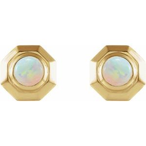 14K Yellow Gold Natural White Opal Geometric Cabochon Earrings