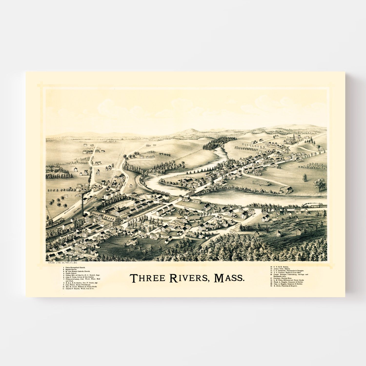 Vintage Map of Three Rivers, Massachusetts 1893
