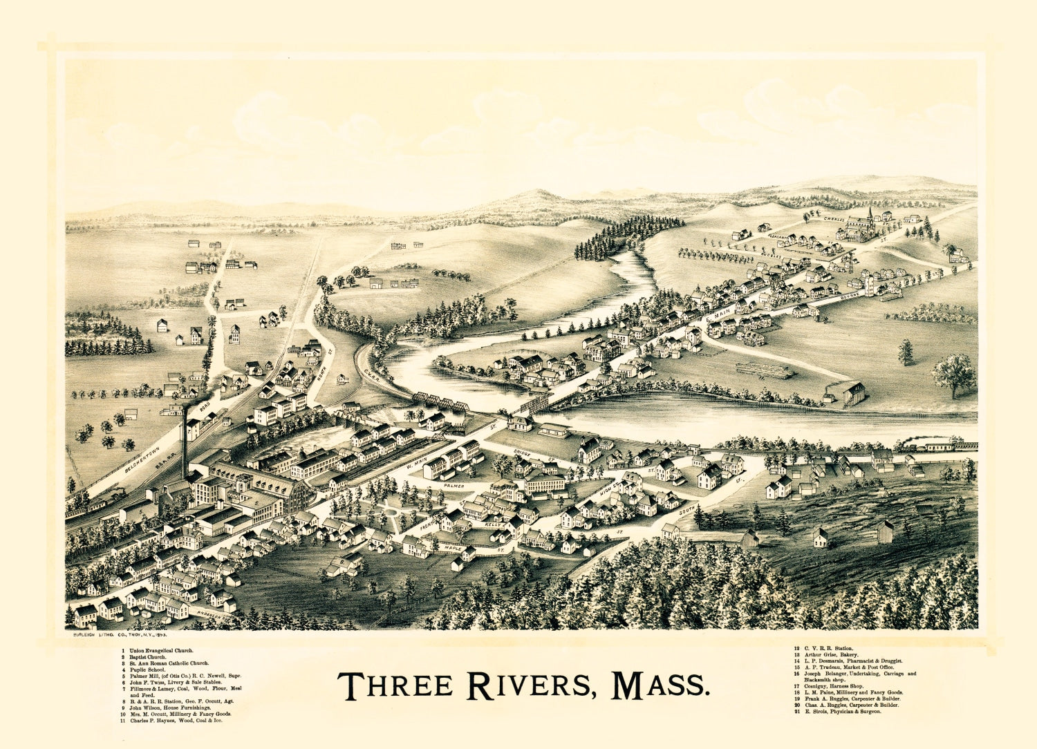 Vintage Map of Three Rivers, Massachusetts 1893