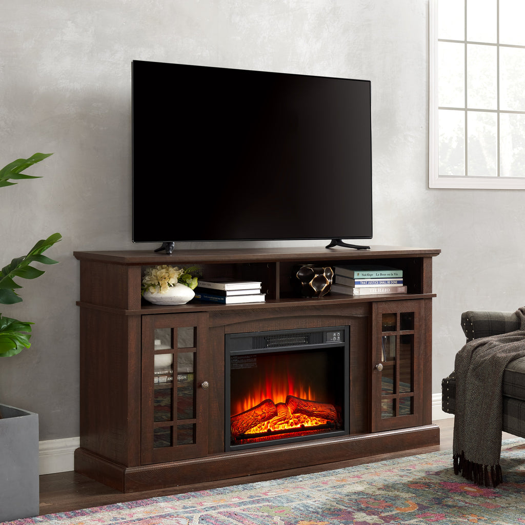 Classic TV Media Stand Modern Entertainment Console with 23' Fireplace Insert for TV Up to 65' with Open and Closed Storage Space, Espresso, 58.25'W*15.75'D*32'H