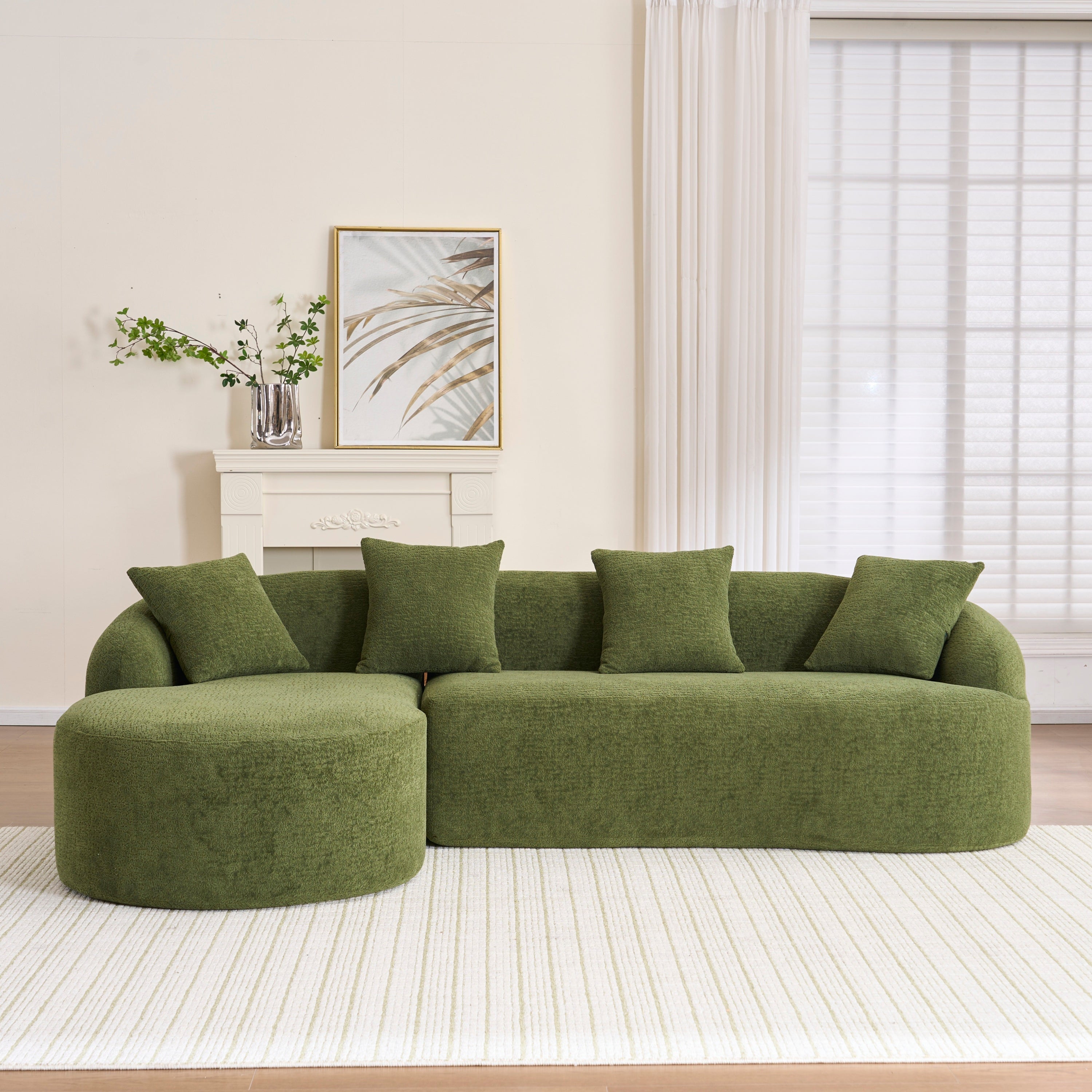 Compression Sponge L-Shape Sectional Sofa with Curved Chaise, Green Modular Chenille Couch No Assembly Required, 30D High-Density for Living Room Bedroom Apartment Lounge.