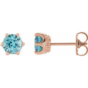 14K Rose Gold 4 mm Natural Blue Zircon & .03 CTW Natural Diamond Crown Earrings