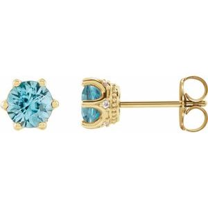 14K Yellow Gold 4 mm Natural Blue Zircon & .03 CTW Natural Diamond Crown Earrings