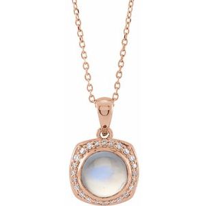 14K Rose Gold Natural Rainbow Moonstone & 1/8 CTW Natural Diamond Halo-Style 16-18" Necklace