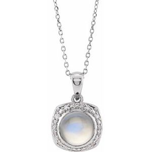 Sterling Silver Natural Rainbow Moonstone & 1/8 CTW Natural Diamond Halo-Style 16-18" Necklace
