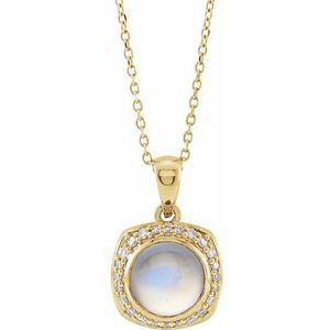 14K Yellow Gold Natural Rainbow Moonstone & 1/8 CTW Natural Diamond Halo-Style 16-18" Necklace
