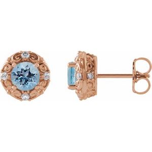14K Rose Gold 4 mm Natural Aquamarine & 1/10 CTW Natural Diamond Halo-Style Earrings