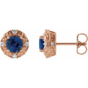 14K Rose Gold 4 mm Natural Blue Sapphire & 1/10 CTW Natural Diamond Halo-Style Earrings